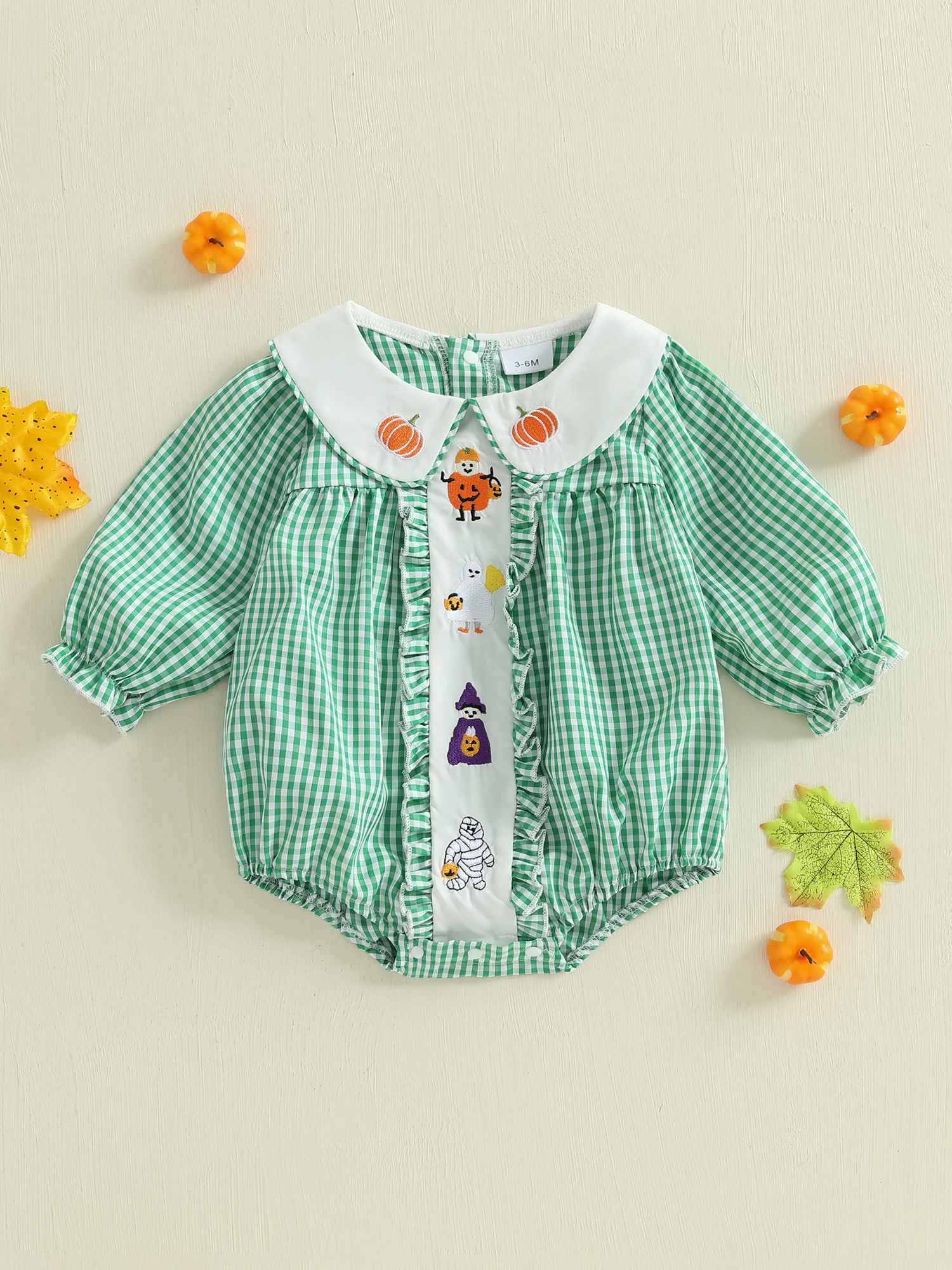 

Милый костюм ведьмы для малышей, платье для Хэллоуина, кукольный воротник с длинными рукавами, клетчатый комбинезон с вышивкой тыквы