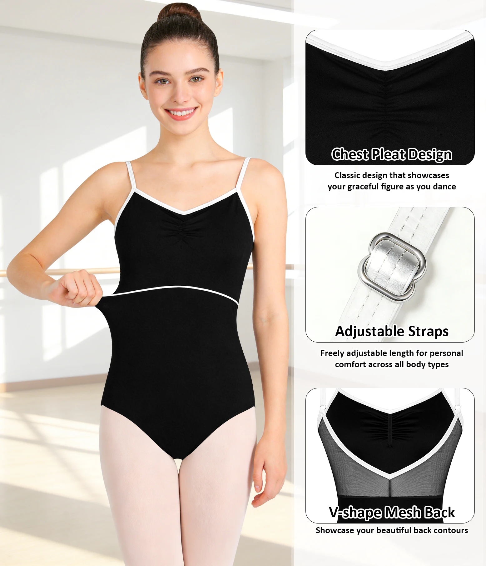 

Women Ballet Camisole Dance Leotard with Adjustable Strap Hollow Back Full Front Lining