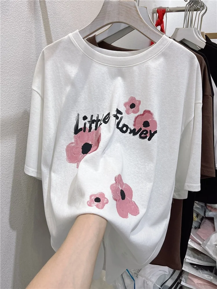Plus maat 300 Pou Koreaanse Sle Floral Letter Snowflake Cotton Print of Sve T-irt Dames Zomer losse afslanktop