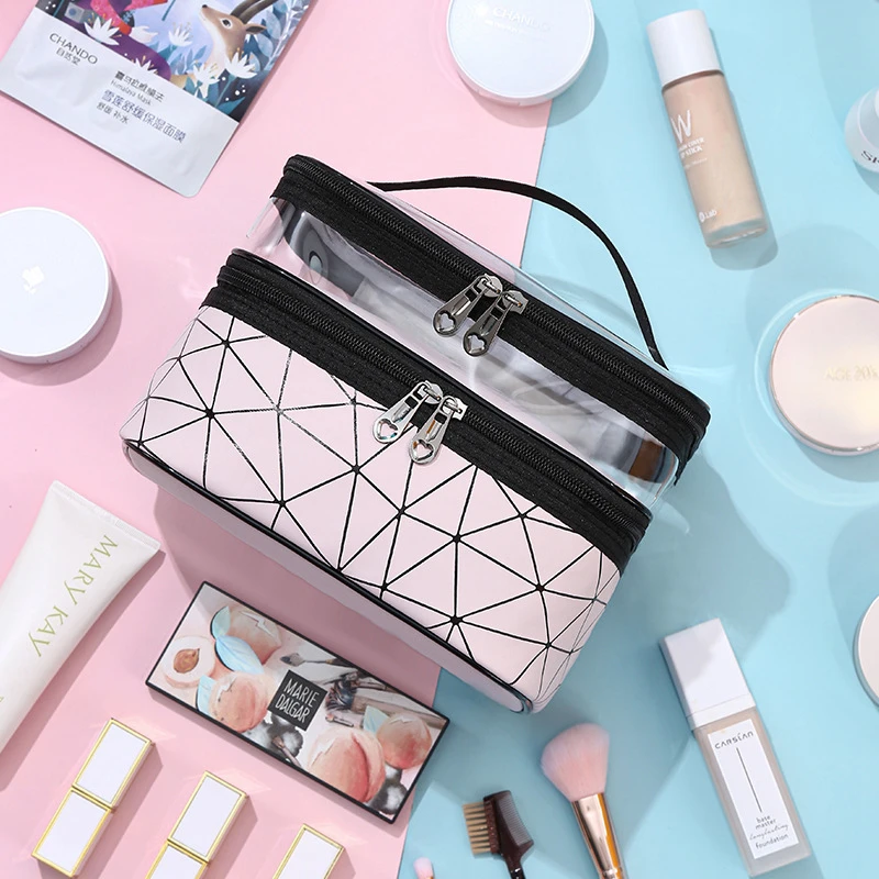 Tas Kosmetik Transparan Ganda Multifungsi Kotak Rias Wanita Penyimpanan Kecantikan Perlengkapan Mandi Organizer Rias Perjalanan Kapasitas Besar