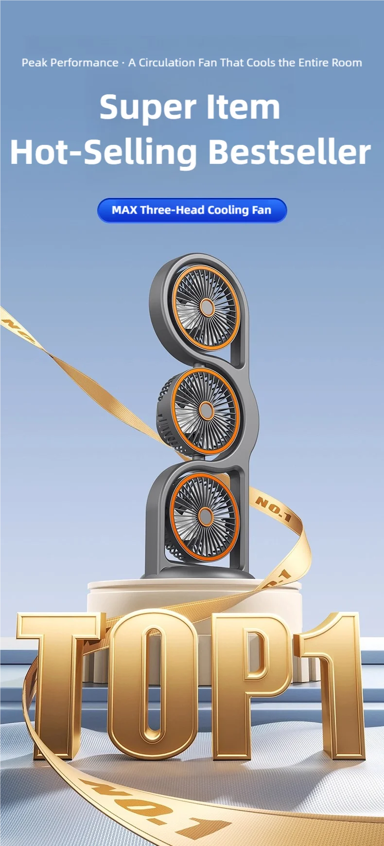 TINSOL 2026 New Portable USB Rechargeable Three-Head Fan – 360° Circulation, 5-Speed Wind, Dormitory and Outdoor Desktop Fan