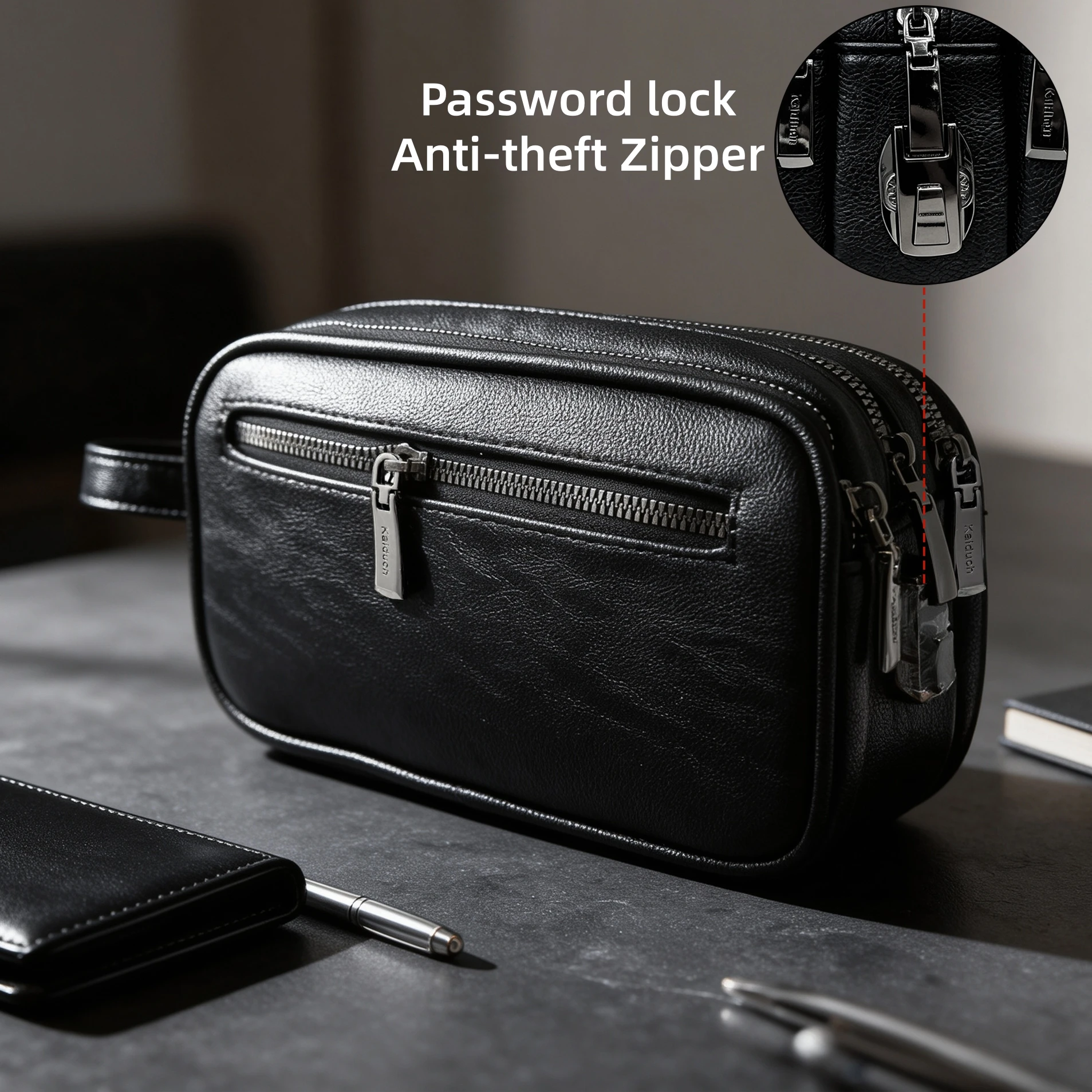 Men's Black PU Leather Clutch Bag with Combination Lock, Multi-Compartment Zipper Hand Pouch, Wrist Strap, Exterior Back Pocket