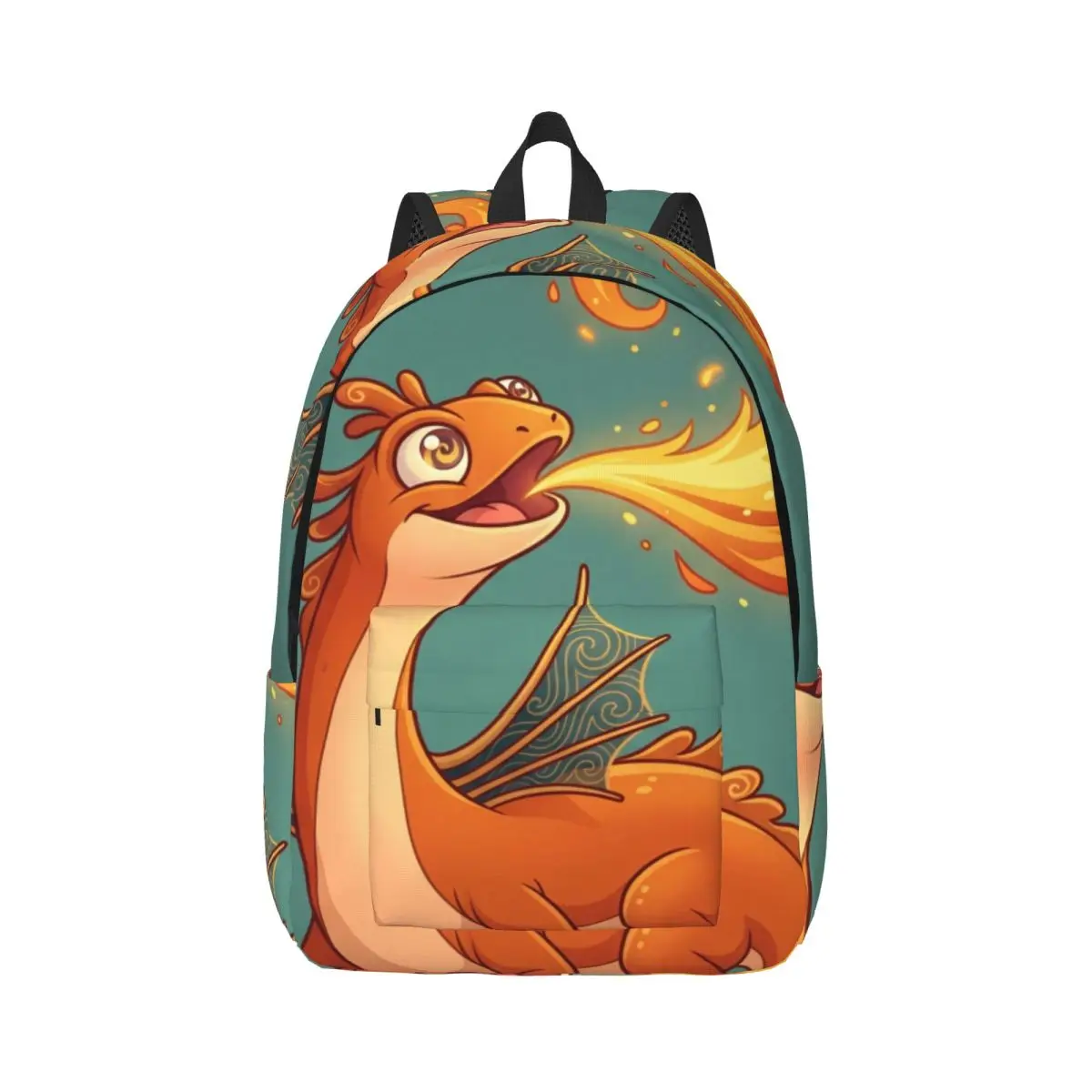 Compact Everyday Backpack Center Fire Creature Whimsical Illustration Vibrant Multi Color Small Printed Bookbag for School Girls