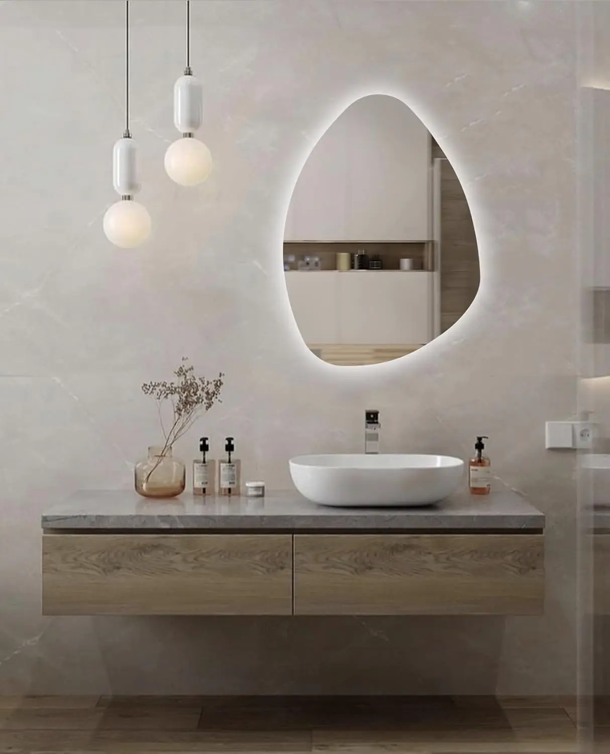 Aesthetic Washbasin Led Mirror, Asymmetrical Led Illuminated Bathroom Mirror, Decorative Irregular Led Lighted Mirror