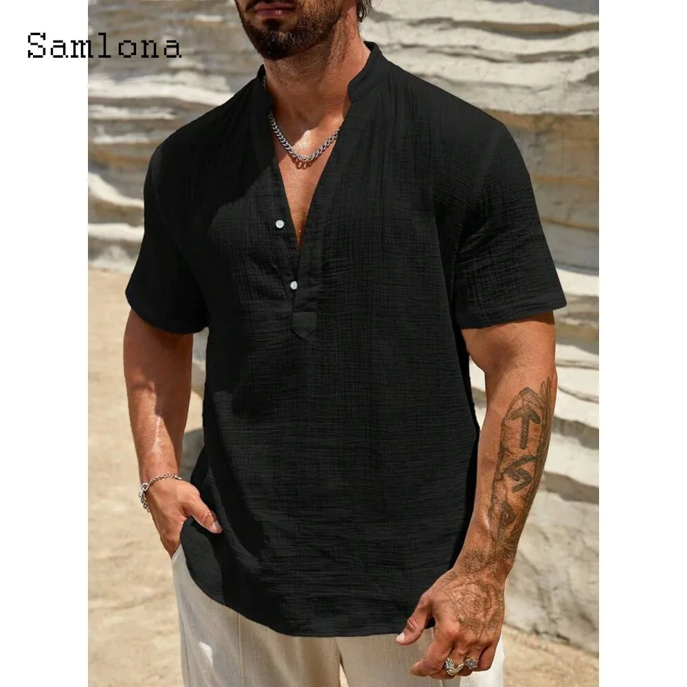 Men Short Sleeve V-neck Shirt Clothing 2025 European Fashion Basic Top Solid White Apricot Blouse Mens Casual Shirts Pollovers