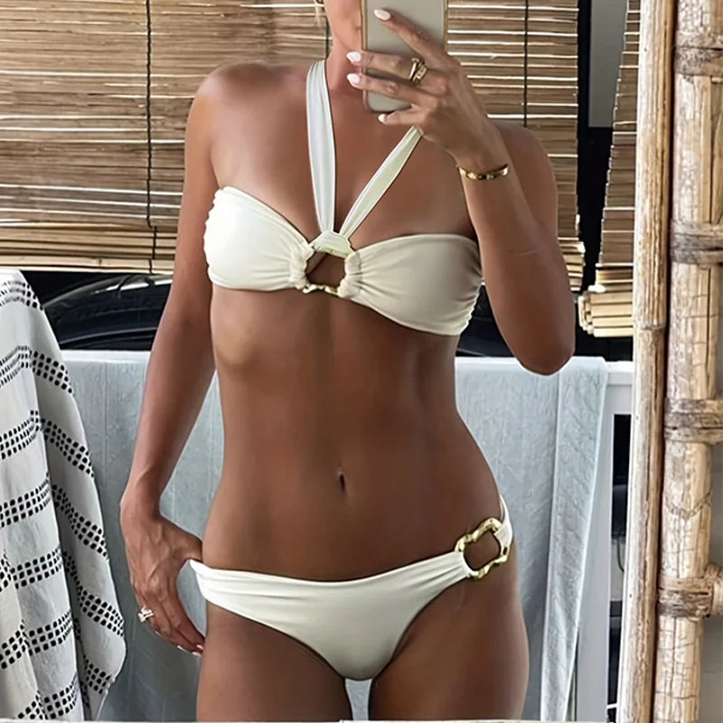 Para Praia เซ็กซี่ Halter Bandeau ชุดบิกินี่ทองผู้หญิงชุดว่ายน้ํา 2025 ชุดว่ายน้ําบราซิลชุดว่ายน้ําหญิงชุดว่ายน้ํา