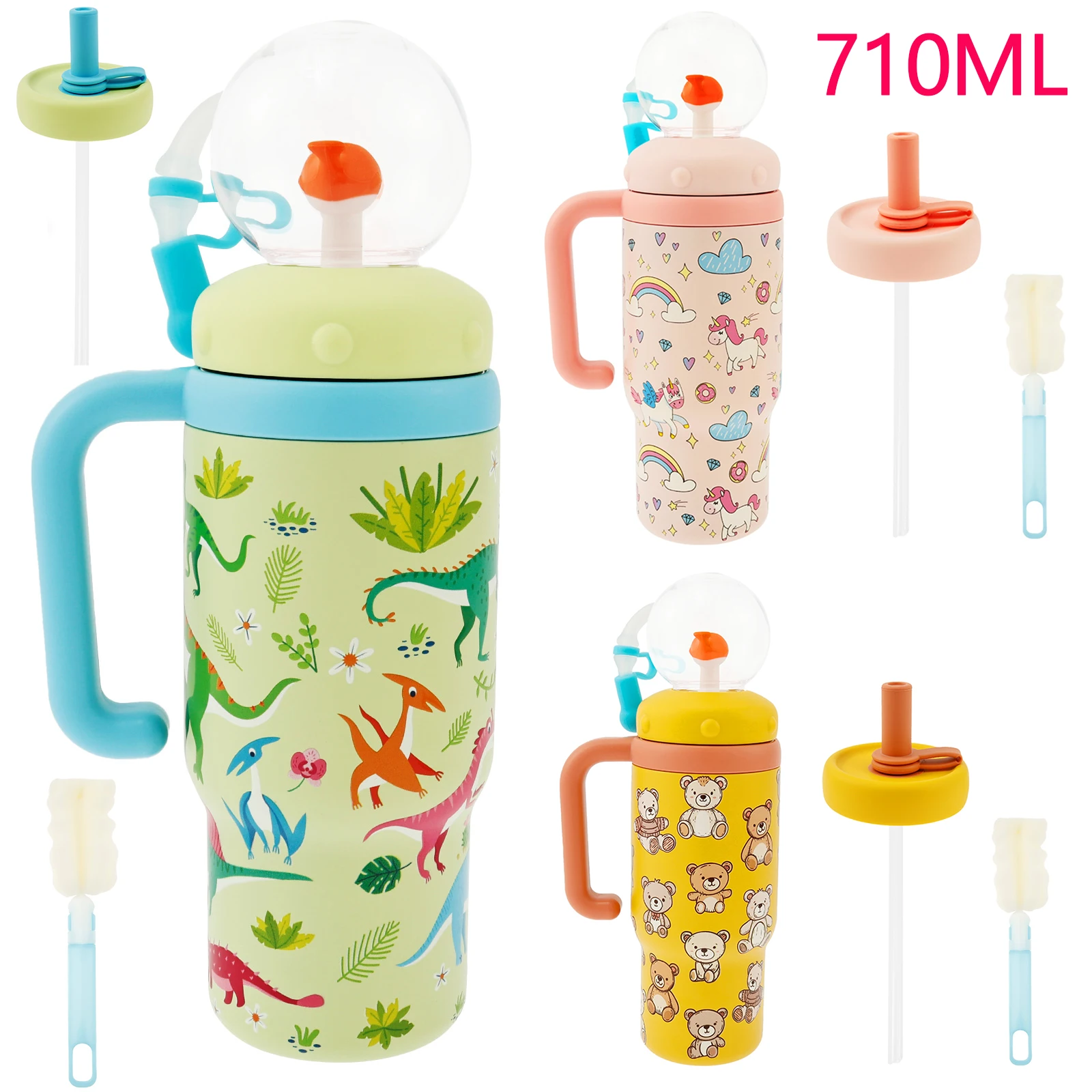 

710ml Thermal Insulation Mug with Handle and Straw Large Capacity Tumbler Stainless Steel Water Bottle Whale Fountain Cup Mugs