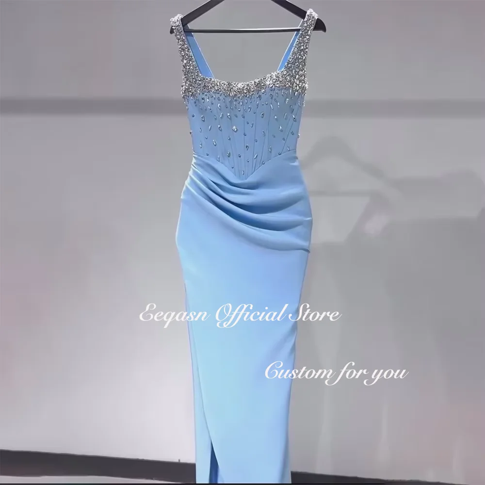 Luxury High Slit Evening Dresses Light Blue Mermaid Party Dress Crystal Strapless Vestidos De Fiesta Elegantes 2026 Customized