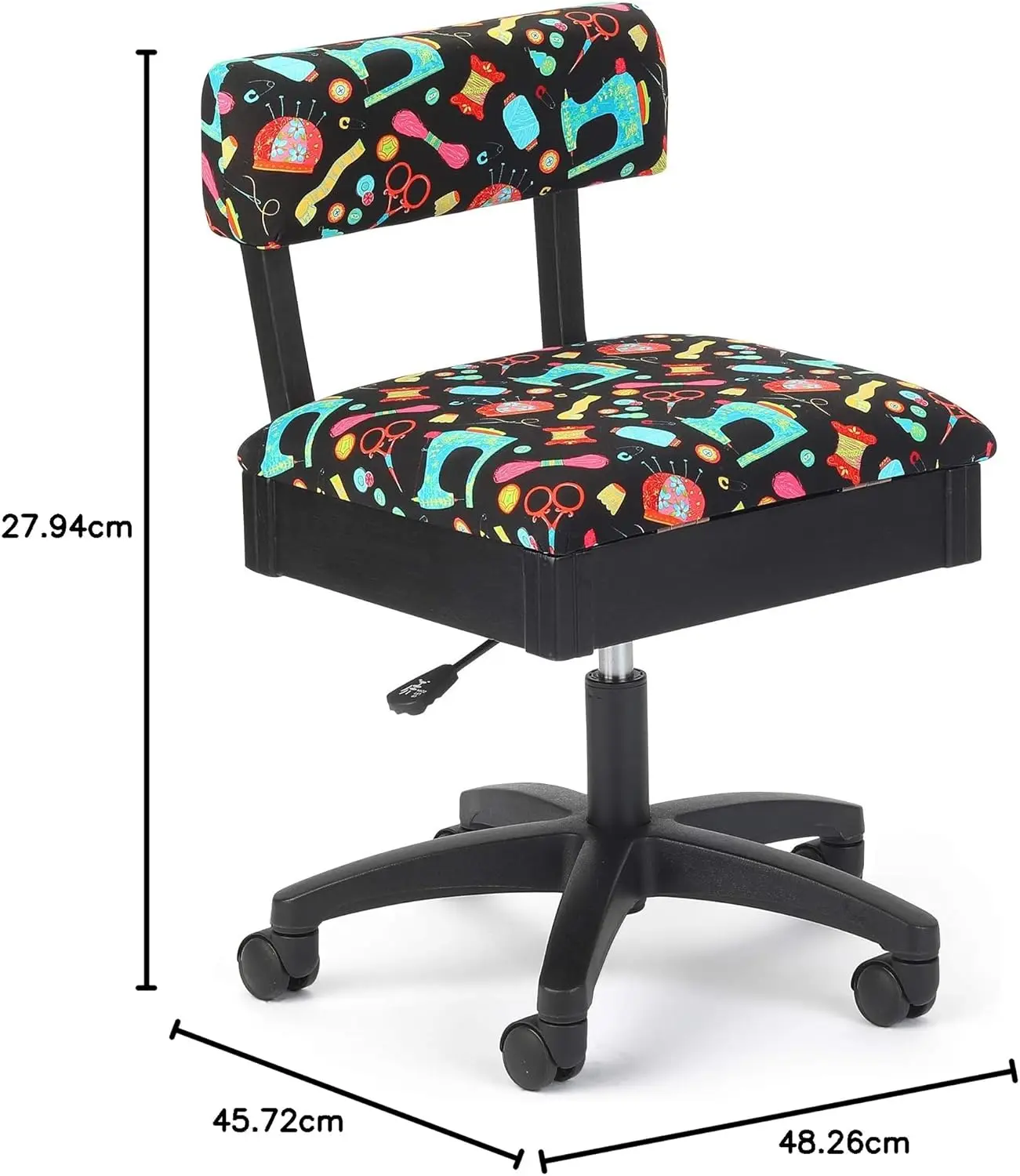 Adjustable Height Hydraulic Sewing and Craft Chair with Under Seat Storage and Printed Fabric, Sewing Notions Print