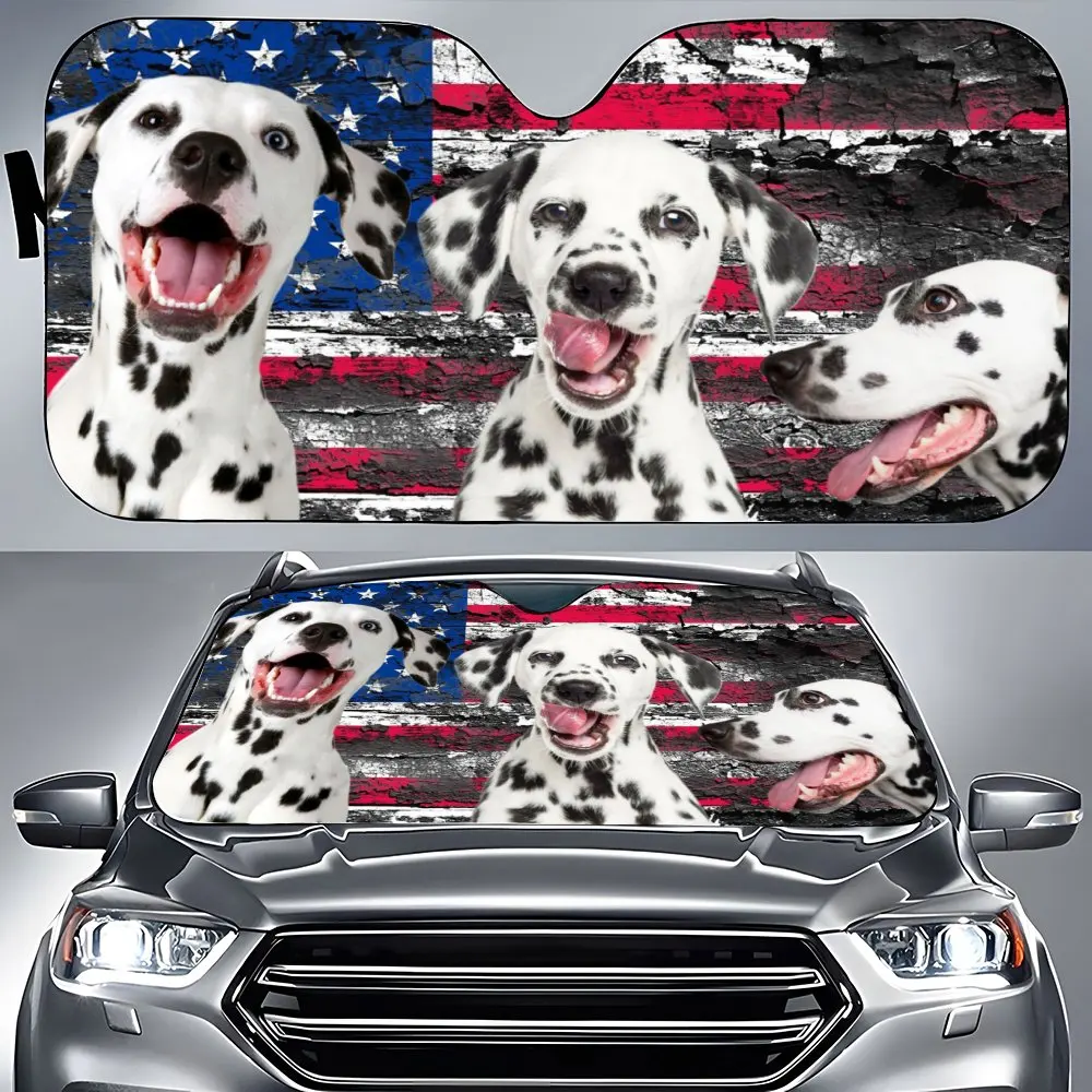 Dalmatian American Flag Car Interior Front Windshield Sun Shade, Animal Scream Cat Sunshade for SUV- Blocks Uv Rays Protector