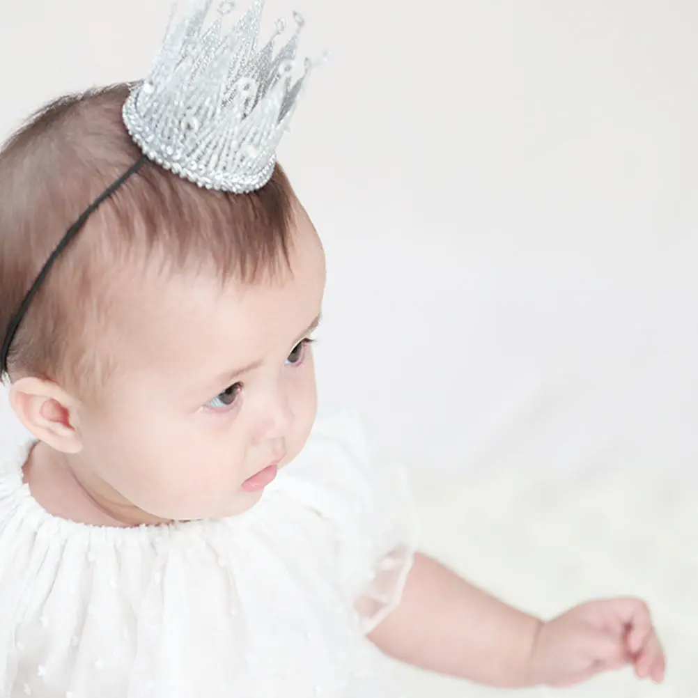 

1pc Baby Crown Headband Studded Rhinestones Elegant Birthday Party Hat For Girls Boys Infant Photo Prop Tiara Elastic Headdress