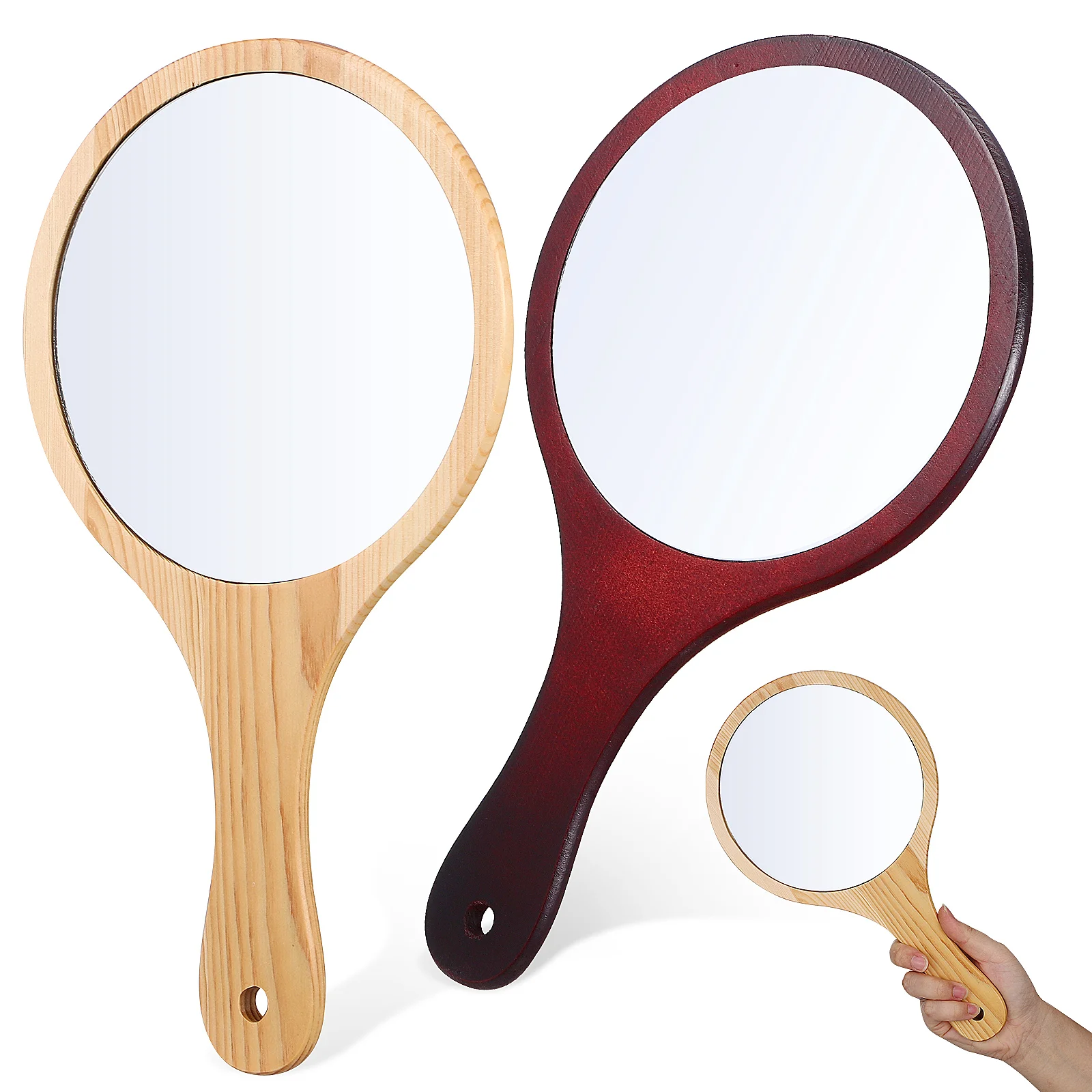 

2 Pcs Mirror with Wooden Handle Handheld Stylish Mirrors Magnifier Fashion Small Glass Hair Cutting Miss Make up