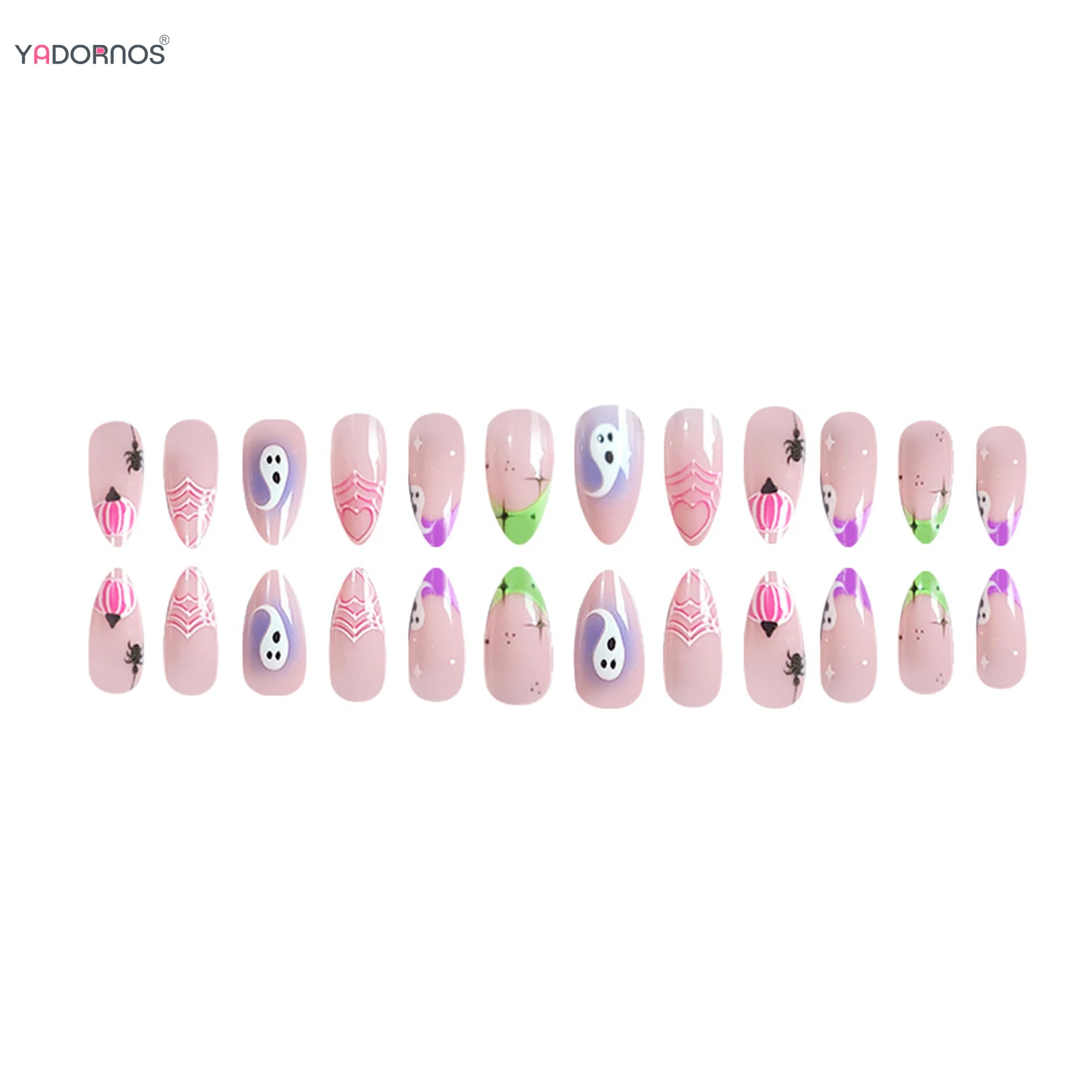 24 Stück handgemachte rosa künstliche Nägel Mandel Liebe Herz Spinnennetz Geist Designs drücken auf Nägel volle Abdeckung tragbare Maniküre für Halloween