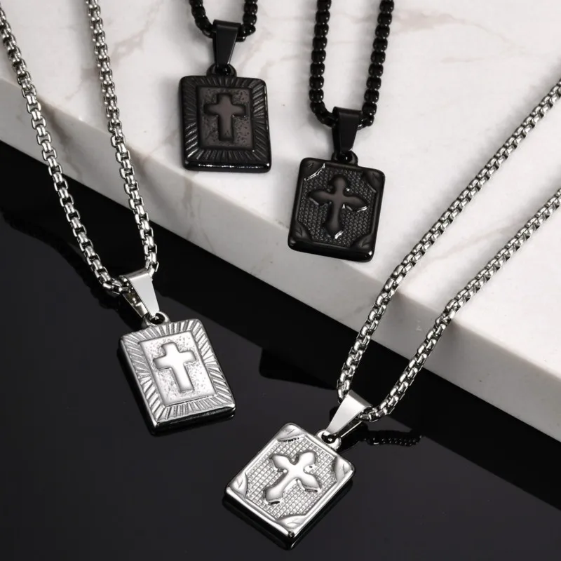 Vnox Samall Geometric Pendant Collar,Stainless Steel Retro Carved Cross Necklace,Niche Personality Wear Can Choose Chain Length