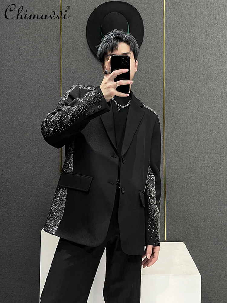 

High-Grade Rhinestone Stitching Suit Jacket Men's Korean-Style Fashion Performance Coats Loose Long Sleeve Handsome Men Blazers