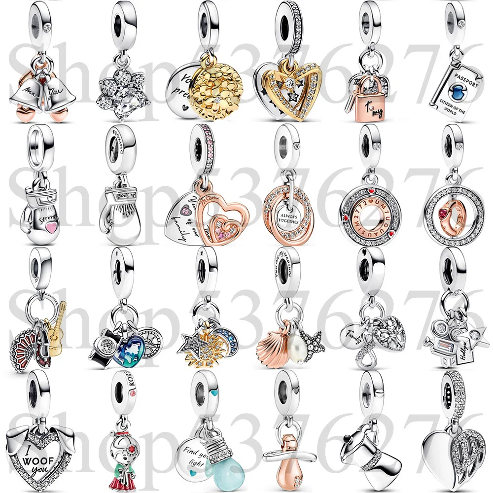 925 Sterling Silver Bead Spanish Flamenco Guitar Shoe Fan Triple Dangle Charm Fit Fashion Women Bracelet Bangle Gift DIY Jewelry
