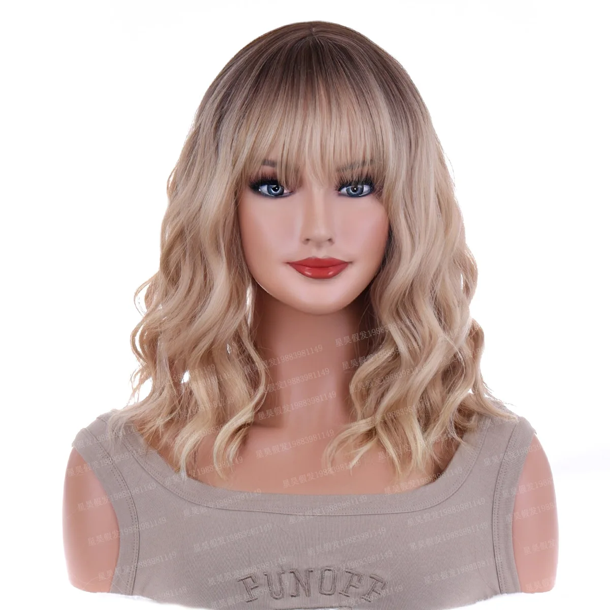 

Wig female short curly hair gradual change water ripple with bangs full head cover natural wig braid