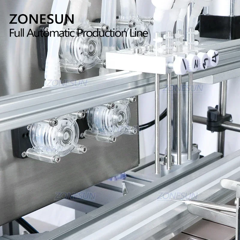 ZONESUN Automatic Desktop Filling Capping And Round Bottle Labeling Machine Water Juice  Eye Drop 4 Heads Production Line