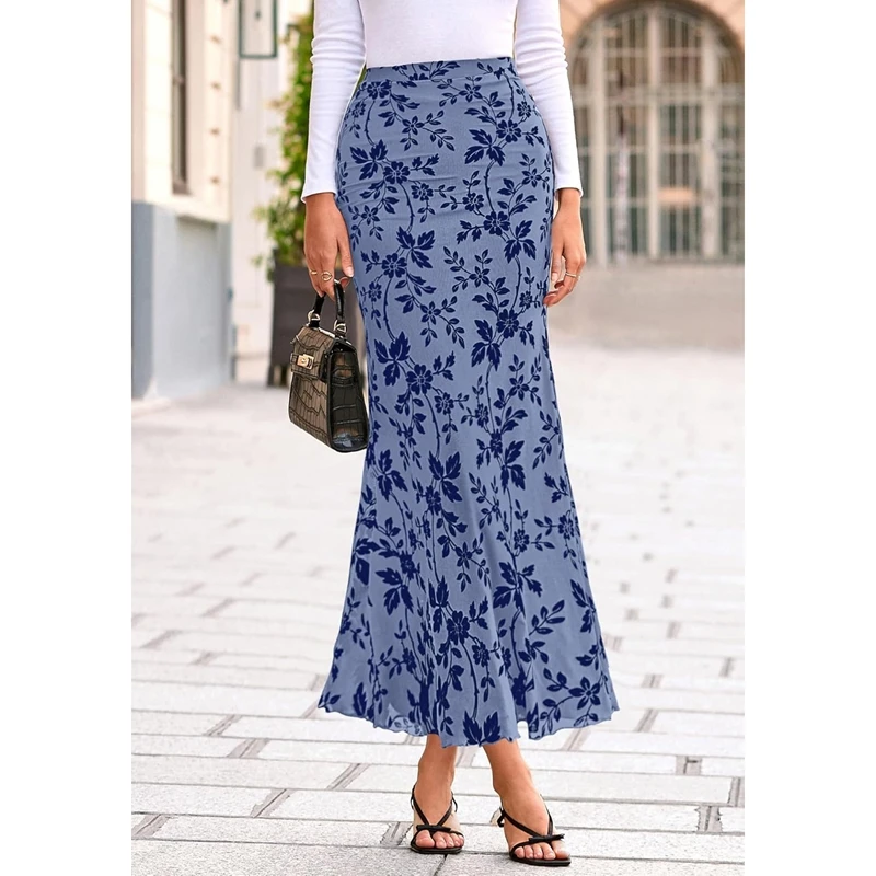 2026 Women's Boho Floral Print Y2k Vintage Mesh Sheer Long Skirts Elastic High Waisted Mermaid Hem 90s Grunge Maxi Skirt