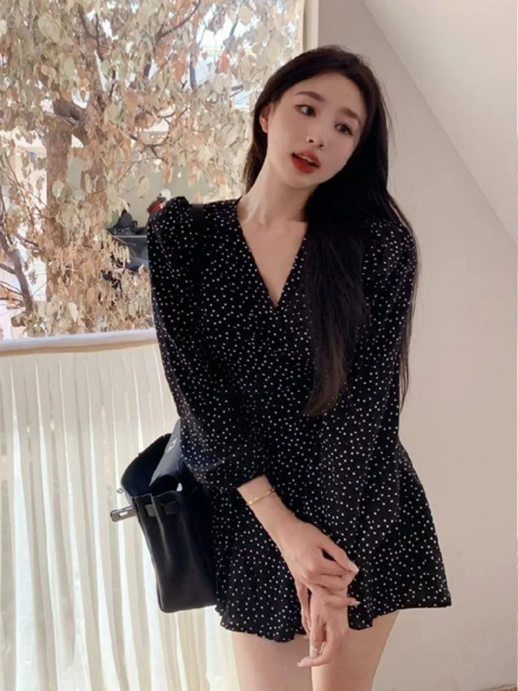 Women Clothing Vintage Dresses Slim Waist Puff Sleeve V-neck Wave Point Robe Femme 2024 Vestidos De Mujer Chic Temperament Dress