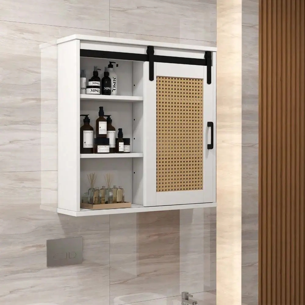 Bathroom Cabinet Wall Cabinet Rattan Medicine Cabinet with Sliding Barn Door