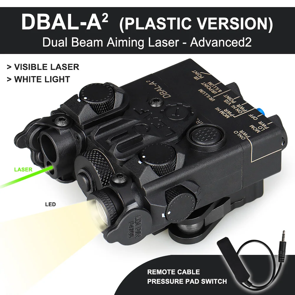 DBAL-A2 Red and Green Laser Sight Dot Dual Beam Scoutlight Tactical DBAL PEQ Aiming Airsoft Weapon Rifle Laser Lights with IR