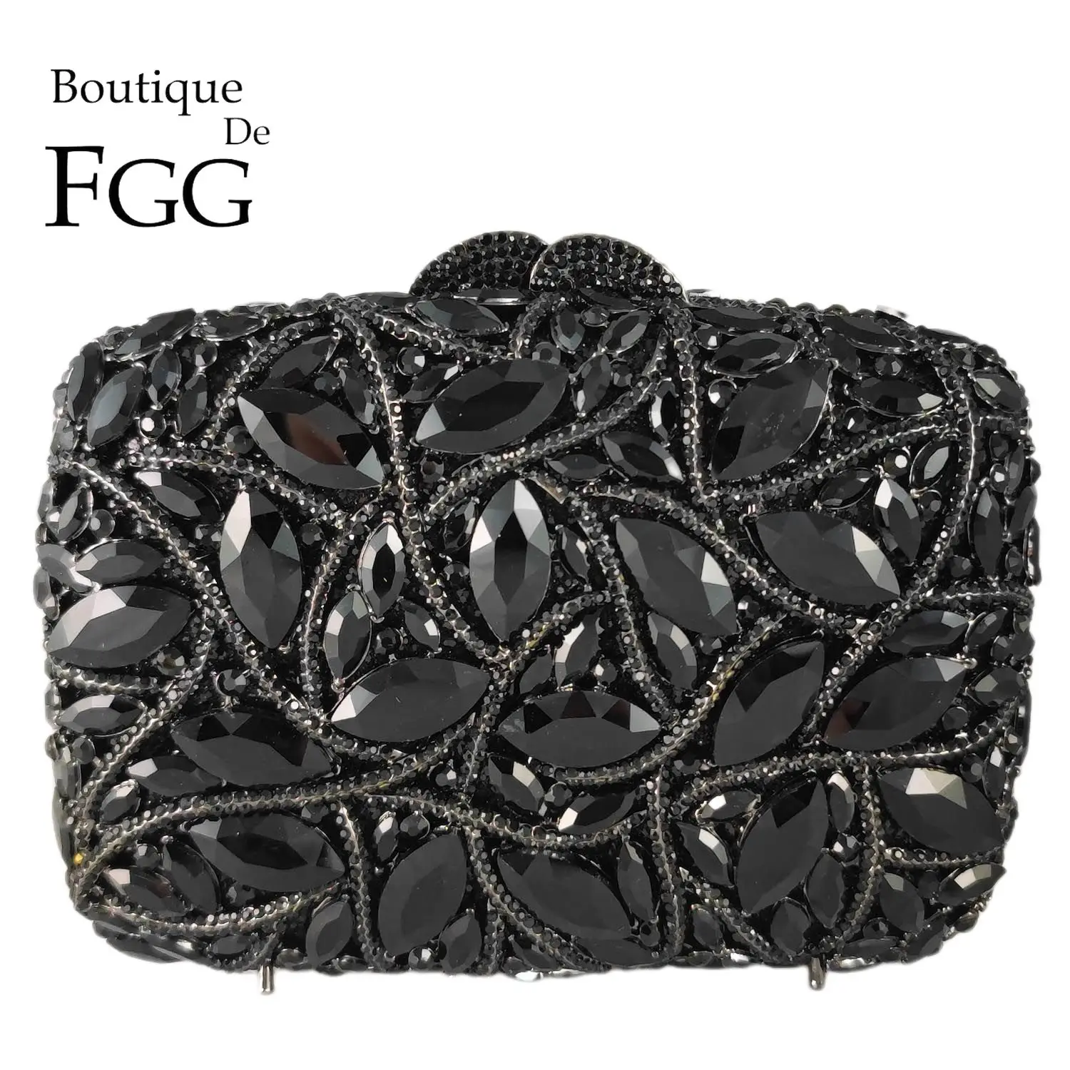 Boutique De FGG Women Black Crystal Clutch Evening Bags Wedding Party Jet Diamond Rhinestone Handbags Bridal Diamond Purses Bag