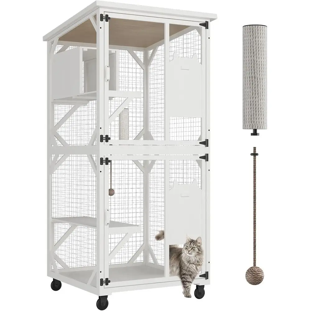 

Уличный корпус для кошек, высота 71, большая деревянная клетка с 3 платформами, 1 дом для сна (белый)