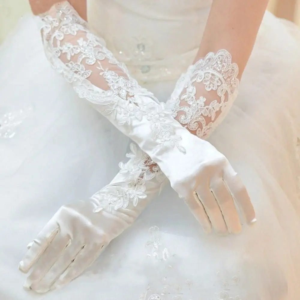 Fashion White Satin Long Gloves Vintage Sweet Wedding Bridal Gloves Elastic Lace Long Finger Mittens Lady