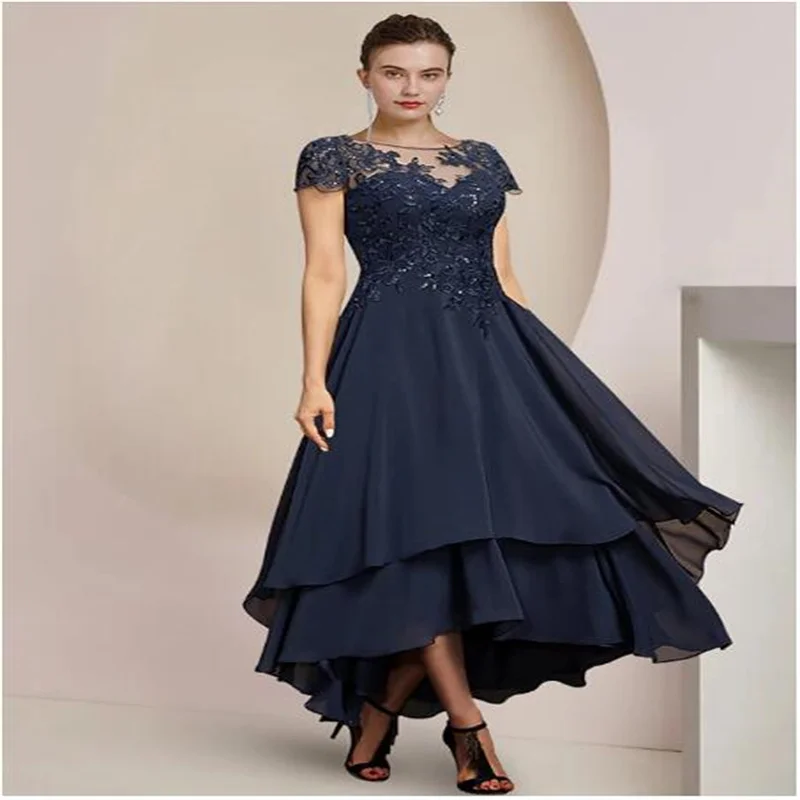 

A-Line Mother of the Bride Dress Formal Wedding Guest Elegant High Low Scoop Neck Asymmetrical Tea Length Chiffon Lace Appliques