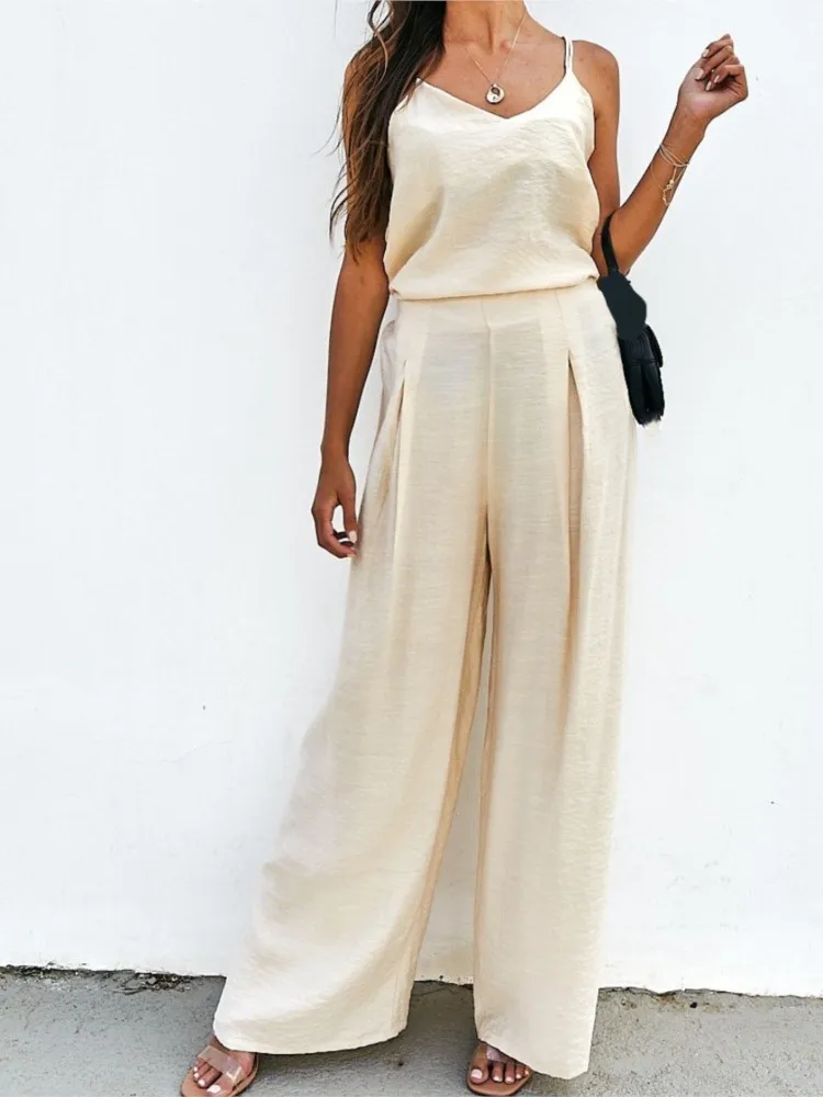 

Lady Fashion Solid Set Casual V Neck Sleeveless Tops+High Waist Wide Leg Pants Two Piece Sets For Women Elegant Office Clothes