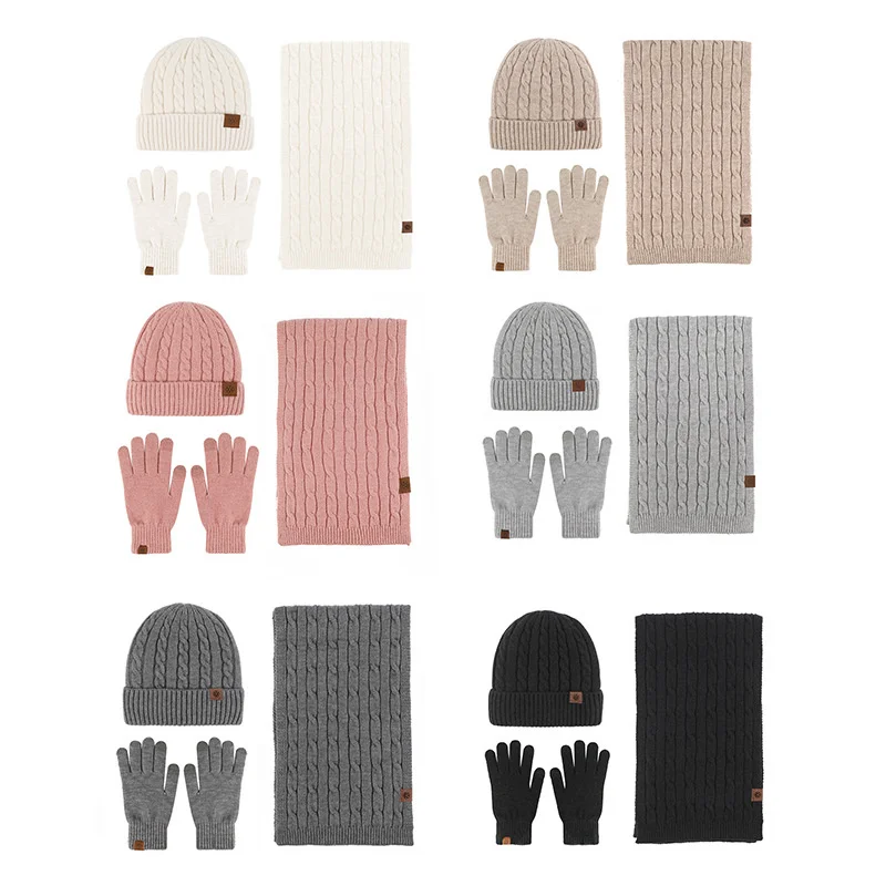 Hat Scarf And Glove Set For Women Winter Warm Soft Knitted Pompom Beanie Female Casual Solid Cashmere Scarf Suit Outdoor Skullis