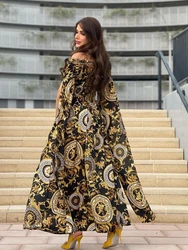 Turkey Muslim Party Dress Gold Print Abaya Dresses Women 2022 Eid High Street Luruxy Evening Dress with Cloak Robes Vestidos