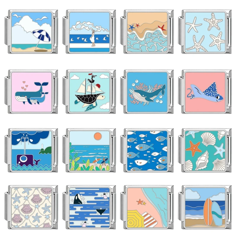 Y2K Blue Sea Waves Whale Shell Starfish Italian Charm Links Fit 9mm Stainless Steel Bracelet Women Jewelry DIY Making Gifts