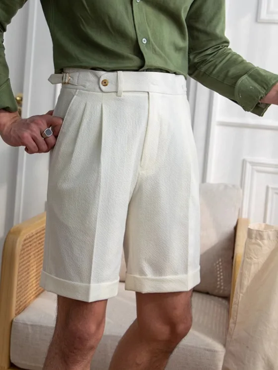 2026 British Style Men Naples Cotton Linen Shorts Paris Waist Buckle Knee Length Trouser Summer High Quality Casual Loose Shorts