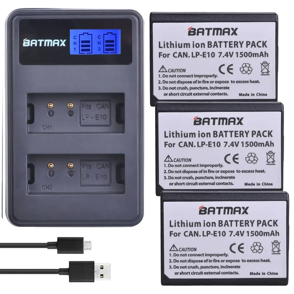 Batmax 3pcs LP-E10 LP E10  Digital Battery+LCD Dual USB Charger for Canon EOS 1100D 1200D 1300D Kiss X50 X70 Rebel T3 T5