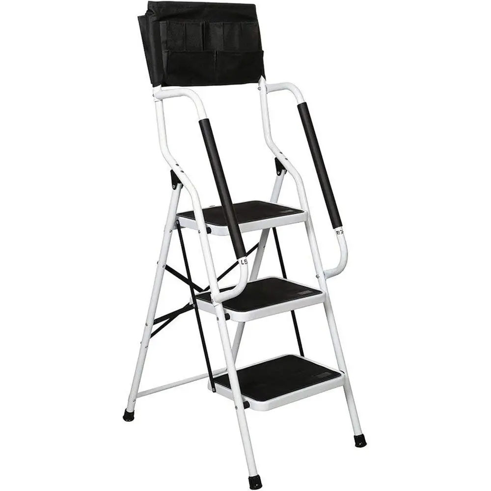 500 lb Capacity Portable Steel Step Ladder with Non-Slip Pedals and Attachable Tool Bag, White