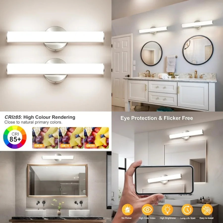

2 Pack LED Vanity Light Bar for Bathroom, Dimmable Bathroom Light Fixtures 17.3inch 12W 1200LM Over Mirror Lighting Fixture Wal