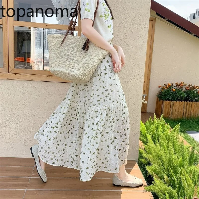 

Topanoma Floral Printed Skirts Women French Style Chic Stretch High Waist Spring Summer Temperament Chiffon Long Skirt Elegant