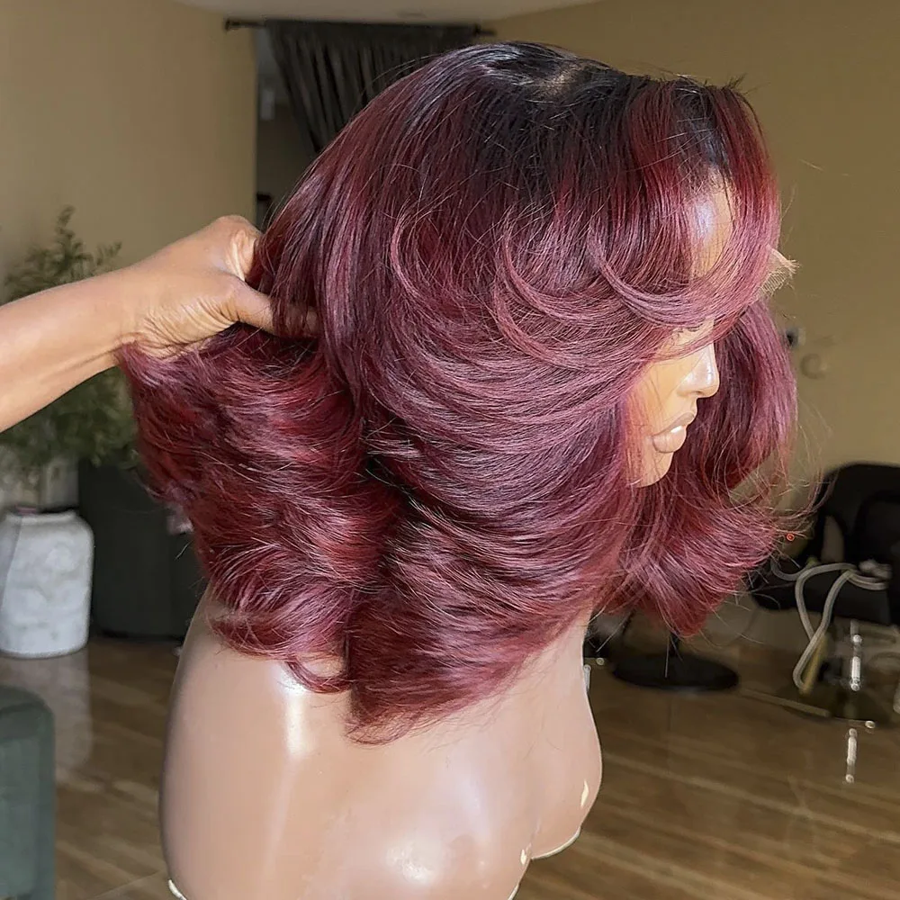 13x4 الدانتيل أمامي 1B/99J بورجوندي الجسم موجة بوب خصلات الشعر المستعار الإنسان البرازيلي خصلات الشعر المستعار الإنسان قبل قطعها T جزء الدانتيل الباروكات شعر ريمي #2