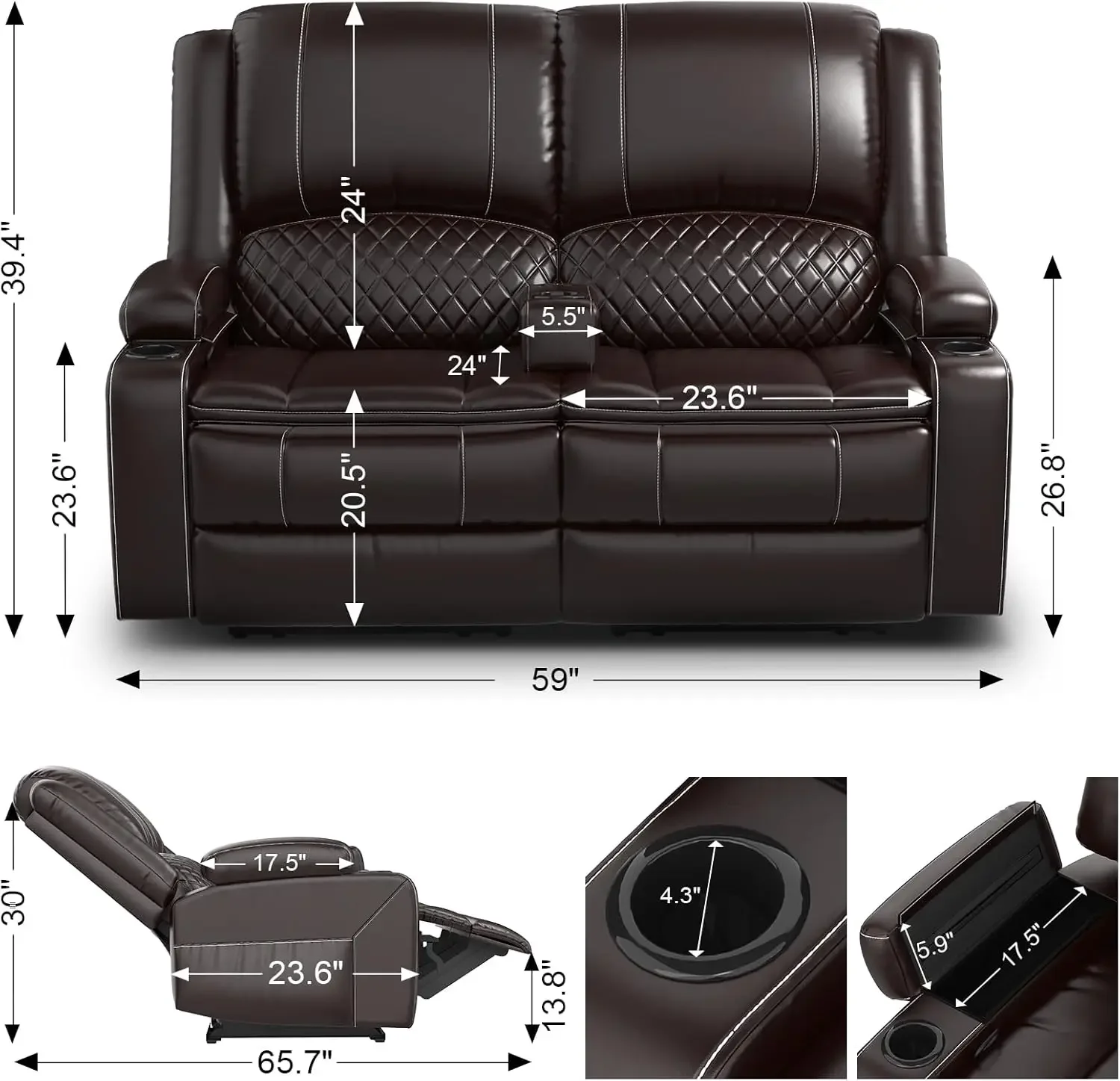 Recliner Sofa, Manual Reclining Loveseat with Removable Armrest, Faux Leather Recliner Loveseat for Adults with 2-Tier