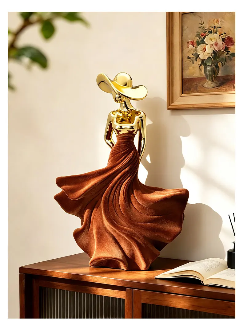Golden Flocked Resin Girl Sculpture Premium Human Ornament For Living Room Entryway TV Cabinet Luxury Tabletop Home Decor Craft