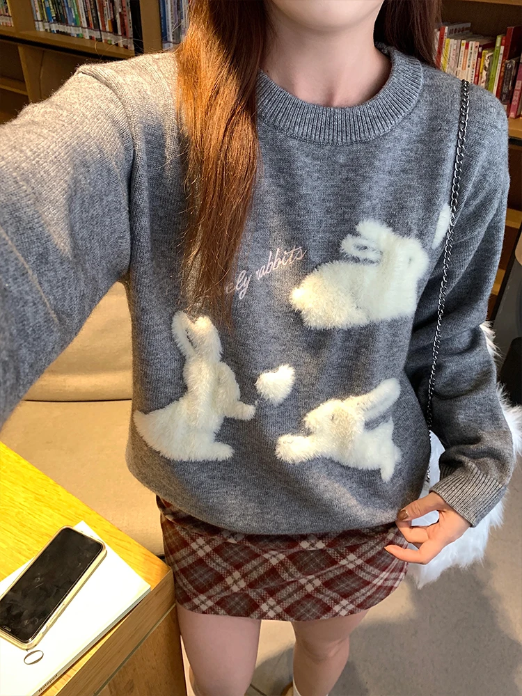 Sweet Sle round Ne Knitted Sweater ort Loose Animal Design Overhead Salted Plum JK Rabbit Cute Top for Women Winter 2024
