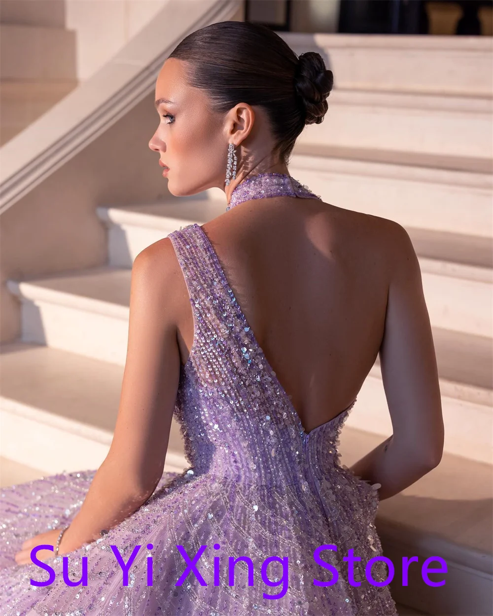 Customized Exquisite Purple  Homecoming Dress Sparkly Crew Neck V-Neck Tiered Crystal Backless  Customized Vestido De Festa