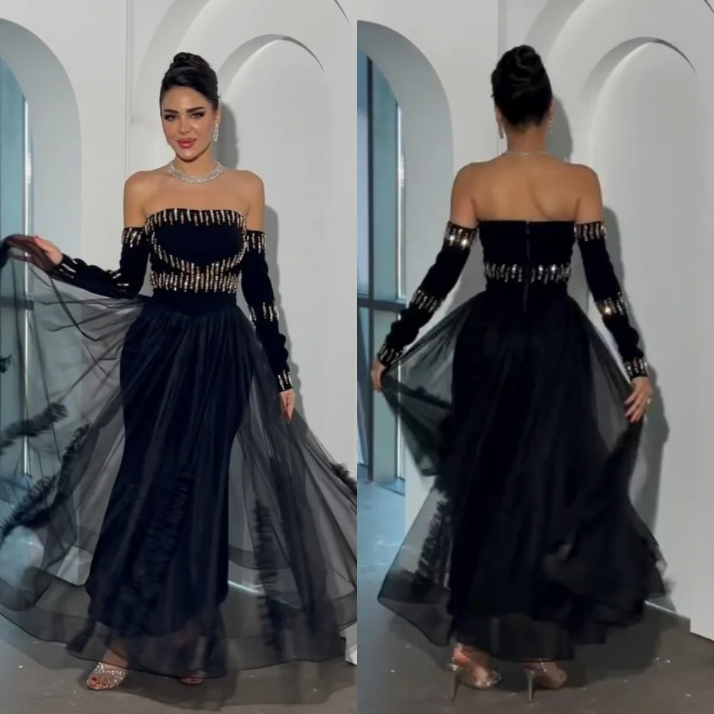 

Customized Jersey Sequined Off-the-shoulder A-line Women Luxury Evening Prom Midi Dresses Bespoke Occasion Gorgeous Glitter