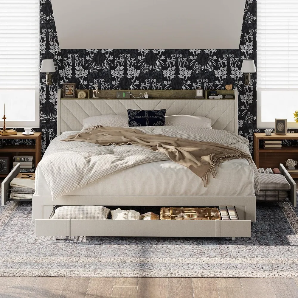 Bed Frame with Headboard, Upholstered Platform Bedframe with 3 Underbed Storage Drawers, AC USB & Type C Charge Station