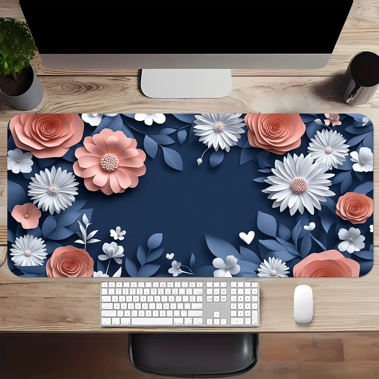 Elegant Pink and White Paper Flower Desk Mat Large Non-Slip Rubber Base Office Mouse Pad