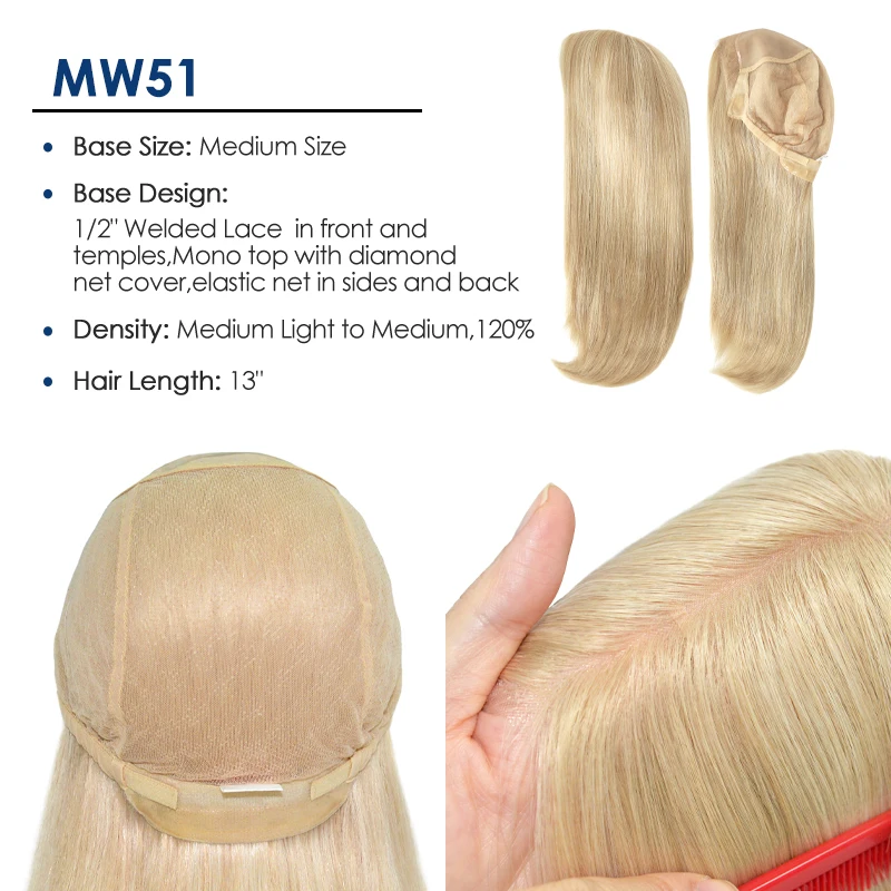 MW51 Ladies Hair Toupee Full Head Wig Chinese Cuticle Remy Hair Lace Front Natural Hairline Mono Top Diamond Net Women Wig