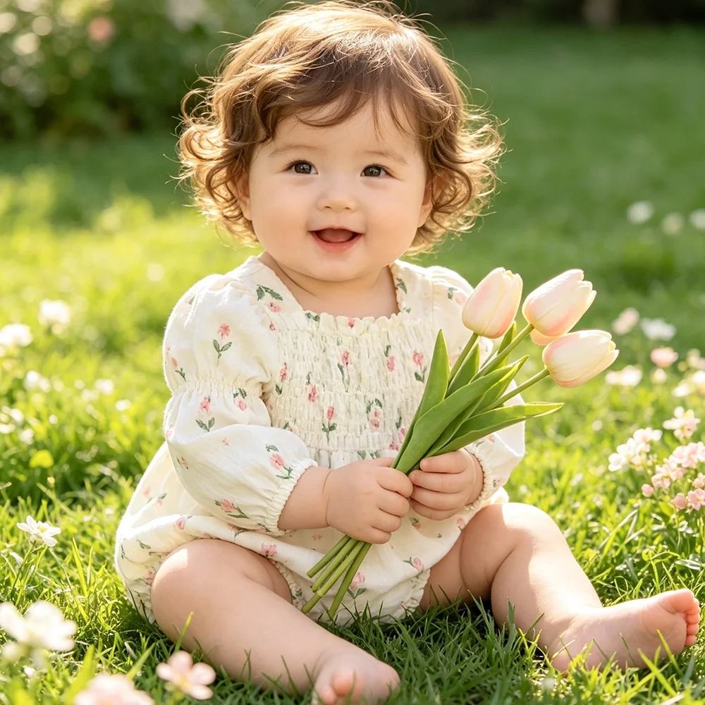 2026 Autumn Baby Girls Clothes Full Of Tulip Print Toddler One Piece Infant Cotton Bodysuit with Headband