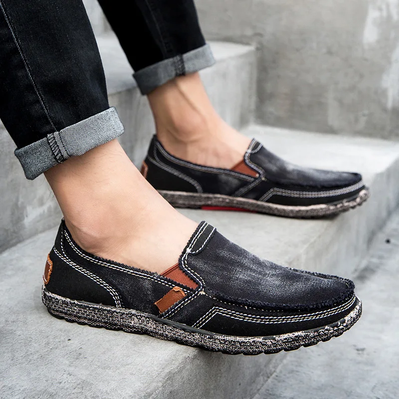 Classic Canvas Shoes Men Lazy Shoes Black Blue Grey Canvas Moccasin Men Slip on Loafers Washed Denim Casual Flats
